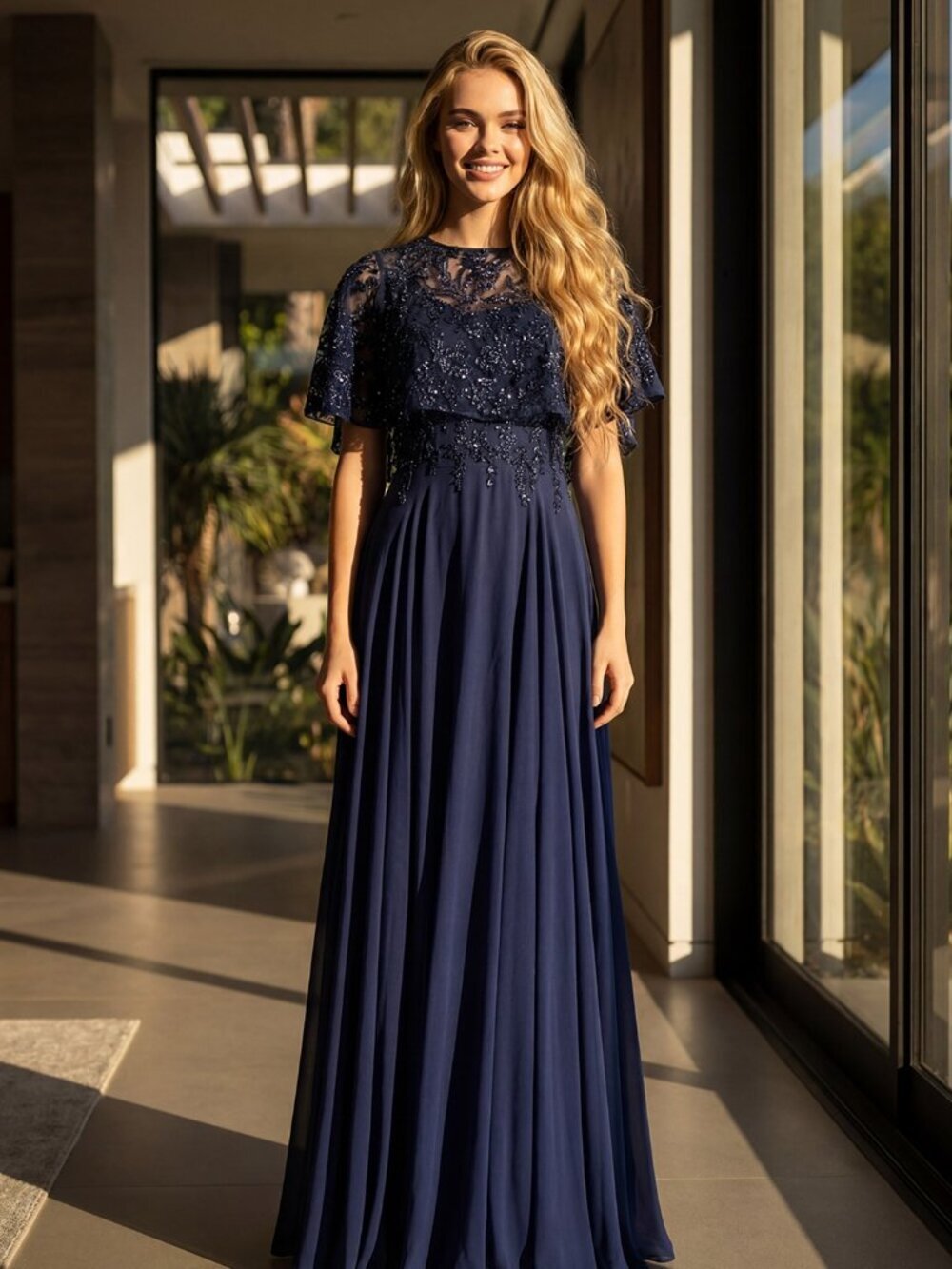 New Navy Blue Mother Of The Bride Gown w/ Sequins Embroidery & Cape JTM21LW